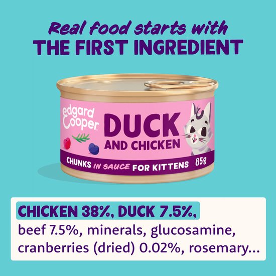 Edgard & Cooper blikje kattenvoer Duck and Chicken met ingrediëntenlijst.