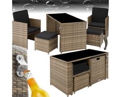 tectake® - Wicker Zitgroep, 5-Delige Lounge Tuinmeubelset met Tafel, Fauteuil en Kruk - Eetgroep voor Maximaal 4 Personen - Tuin- en Balkonmeubilair Inclusief Kussens - Natuurkleur - Poly-Rattan
