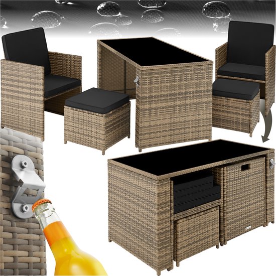 tectake® - Wicker Zitgroep, 5-Delige Lounge Tuinmeubelset met Tafel, Fauteuil en Kruk - Eetgroep voor Maximaal 4 Personen - Tuin- en Balkonmeubilair Inclusief Kussens - Natuurkleur - Poly-Rattan