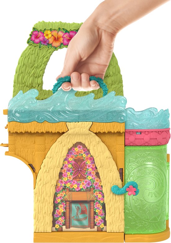 Speelgoedhuisje van Vaiana met handvat, versierd met bloemen en golven.