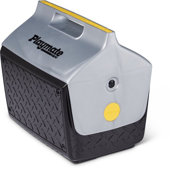Zijkant van een zilverkleurige Igloo Playmate koelbox met zwarte diamantplaat