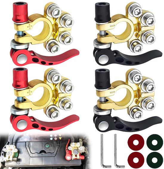 2 stuks 12 V 4-weg accuklemmen, autoaccu, poolklemmen, snelsluiting, veilig geklemd, accuklemmen, poolklemmen, messing voor personenauto's, bestelwagens, schepen