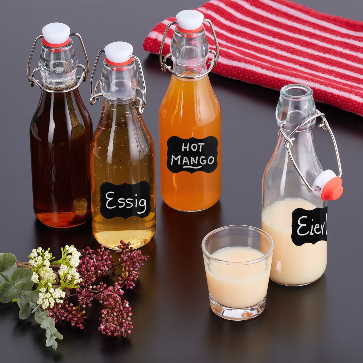 beugelflessen - set van 6 - 250 ml - glazen flesjes incl. etiketten — cadeau in Kookcadeaus - foto 3