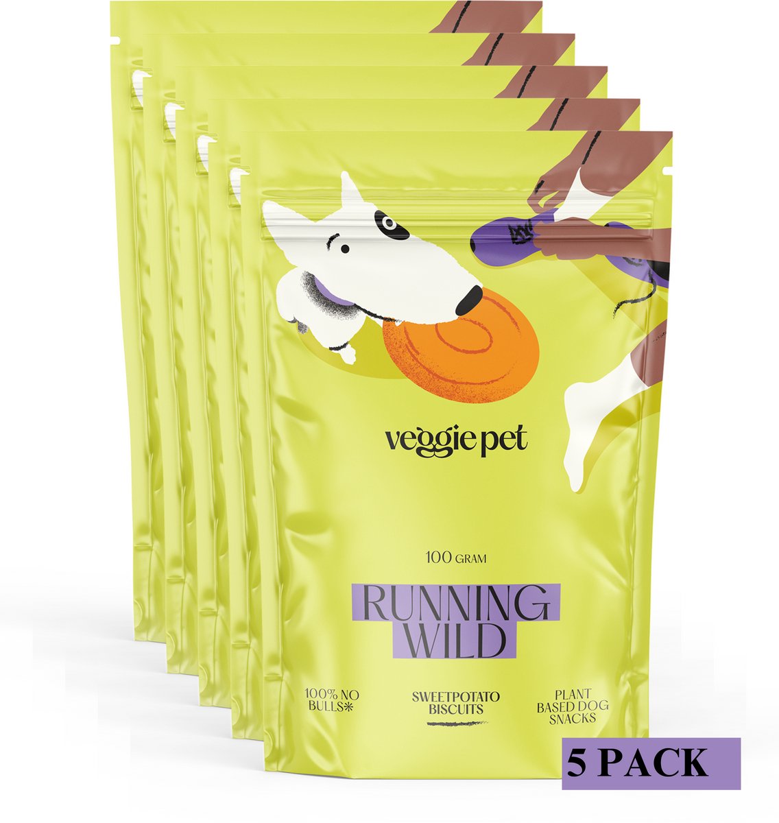 VeggiePet Sweet Potato Biscuits - Hondensnacks - 5x100 Gram - 100% Veggie - Running Wild