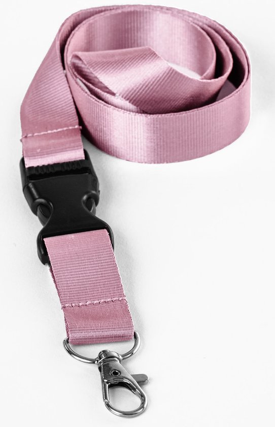 Roze keycord met kliksluiting en metalen karabijnhaak.
