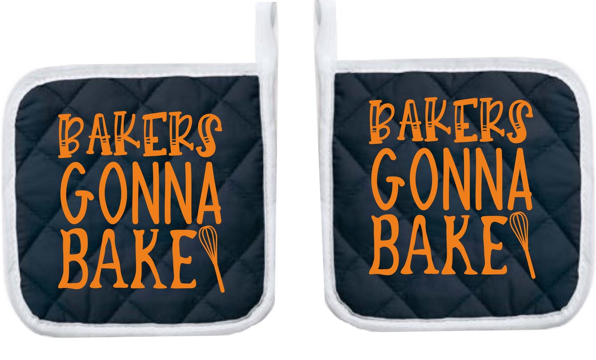Eizook Pannenlappen 2 Stuks Navy Bedrukt - BAKERS GONNA BAKE In ORANJE- Zacht Katoen met Polyester Pannenonderzetter Hittebestendige Pannenlap tot 250°C