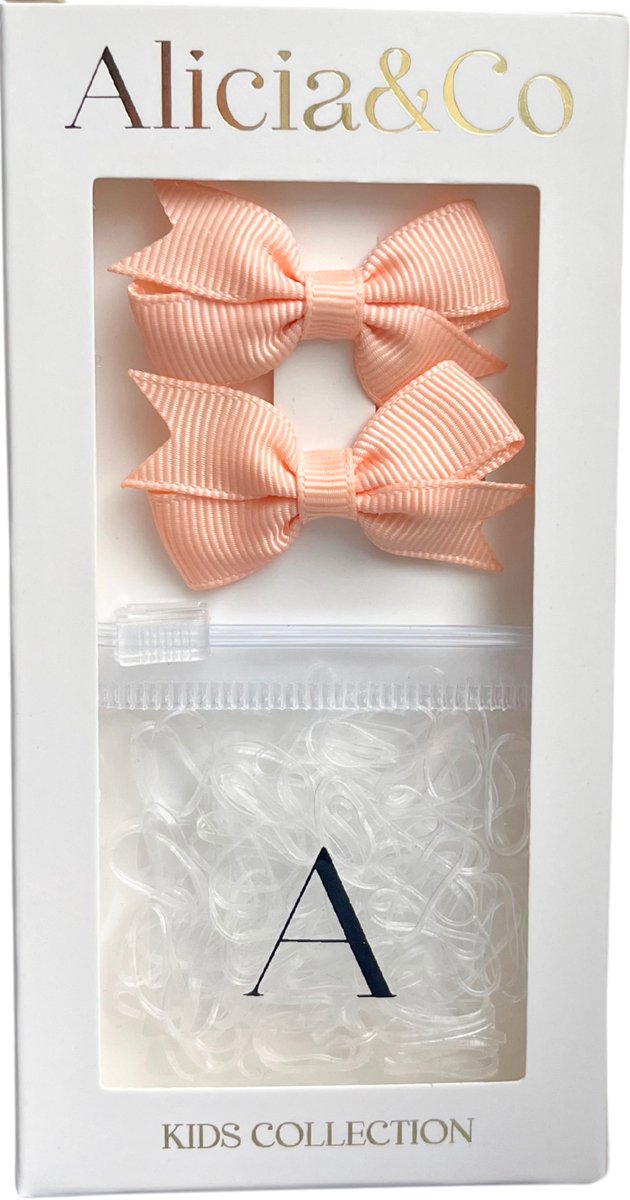 Alicia&Co – Tiny Tie & Bow Set – Princess Peach - Set van 2 kleine alligator haarclips en 1 zakje met kleine transparante haarelastiekjes - cadeau - kraamcadeau - haarspelden & clips - haarelastiekjes kind - haarspeldjes kind - haarspeldjes baby