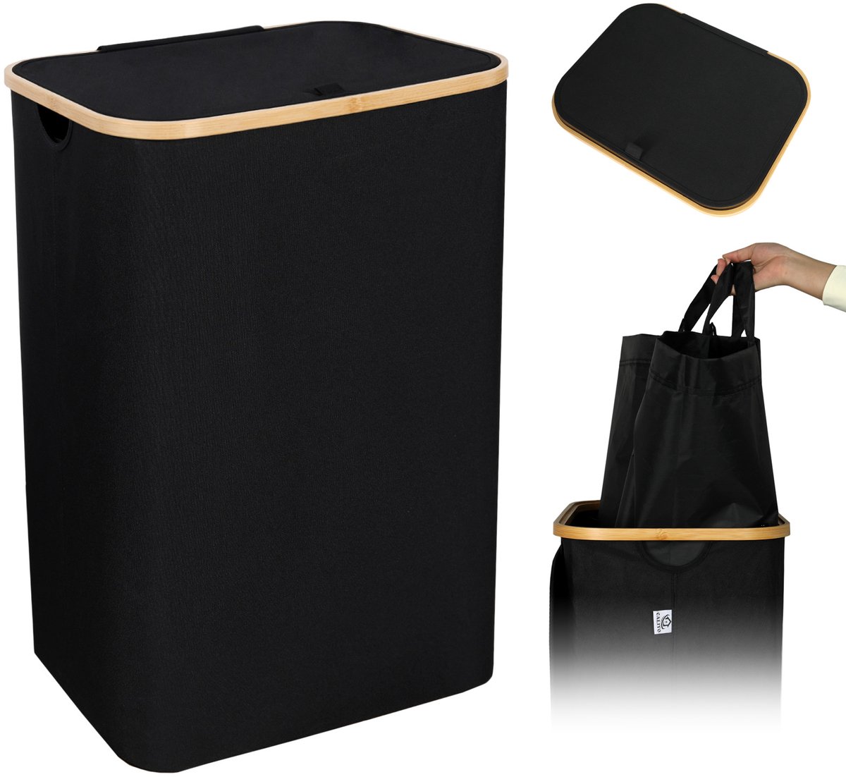 Goedkoopste CALIYO wasmand met deksel, 100 liter wasmanden met handvat en binnenzak, opvouwbare grote wasmand smal, wasmanden, wasmanden voor slaapkamer badkamer (zwart