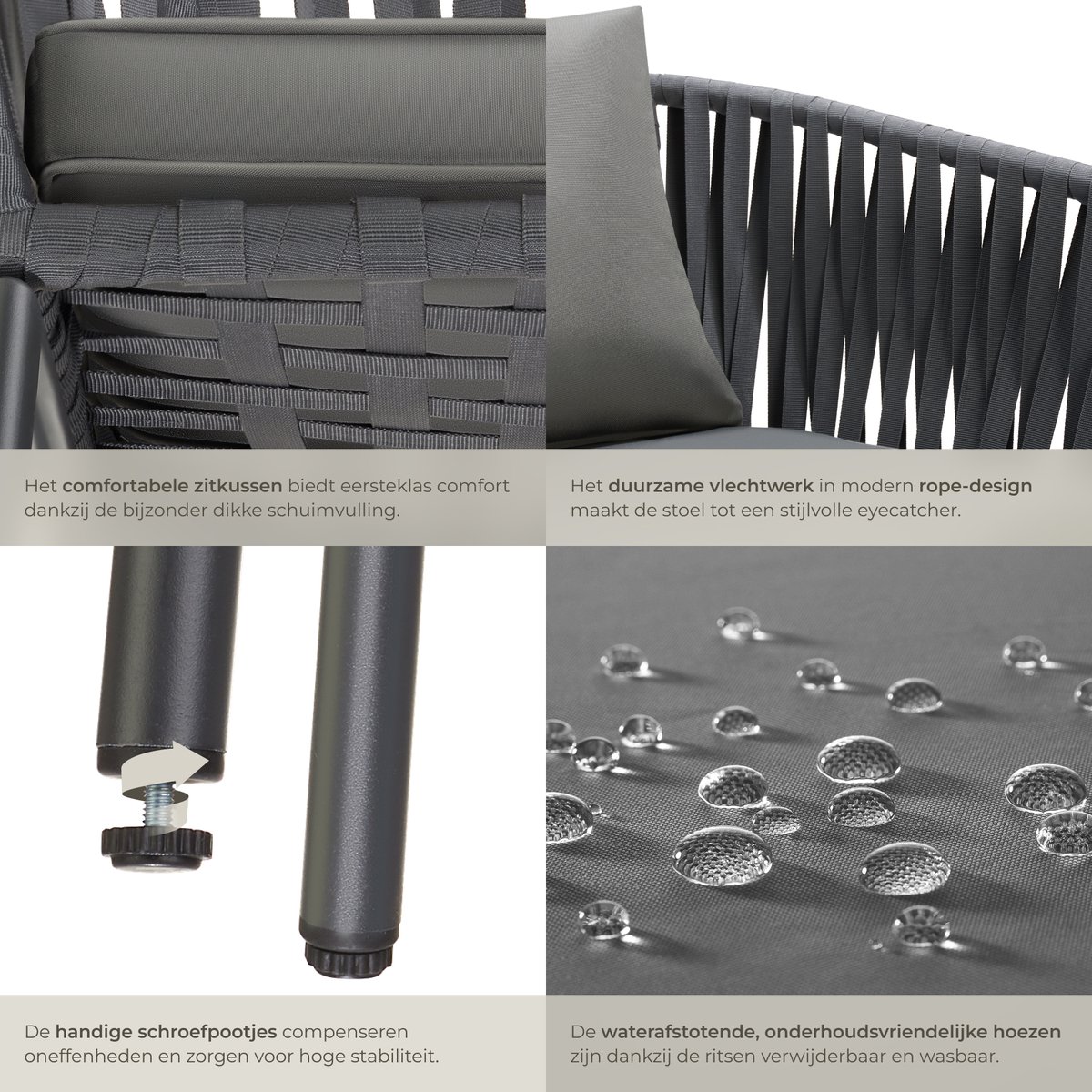 tectake® Tuinstoelen Valeiras - Set van 4 - Metalen Buitenstoel met Rope Design - Terrasstoel met Armleuningen - Tuinstoel - Tuin Fauteuil - Tuinmeubels - Tuinset met Waterafstotende Kussens en Verstelbare Poten – foto 2