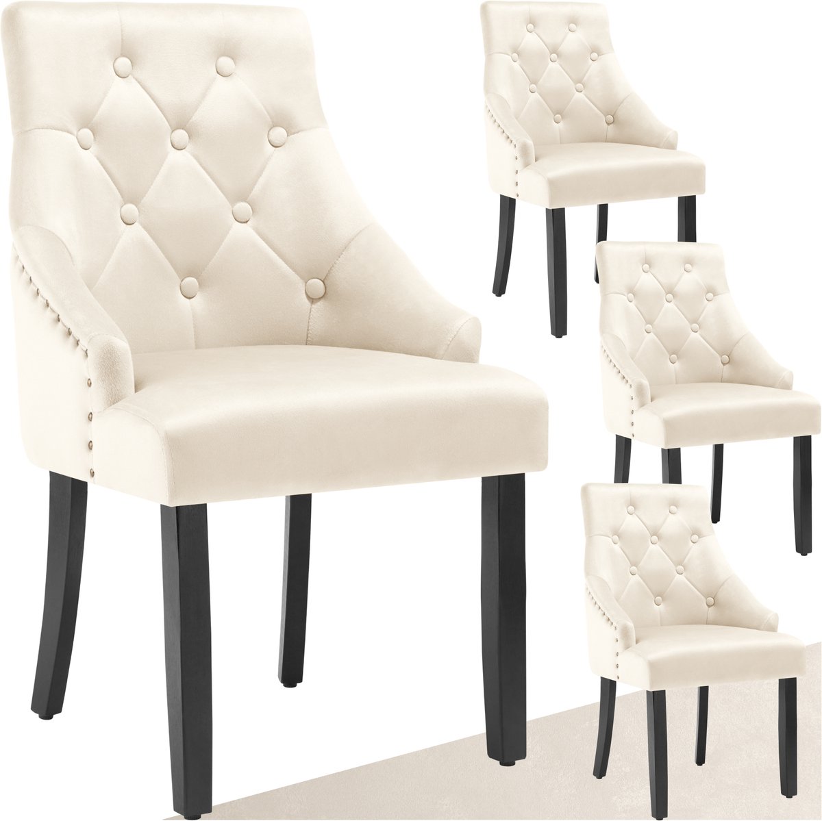 tectake® - Set van 4 eetkamerstoelen Everdeen - Fluweellook, gestikt - Met armleuningen - Massieve houten poten - Stoel voor de woonkamer, eetkamer, keuken - Grote rugleuning - Crème / zwart