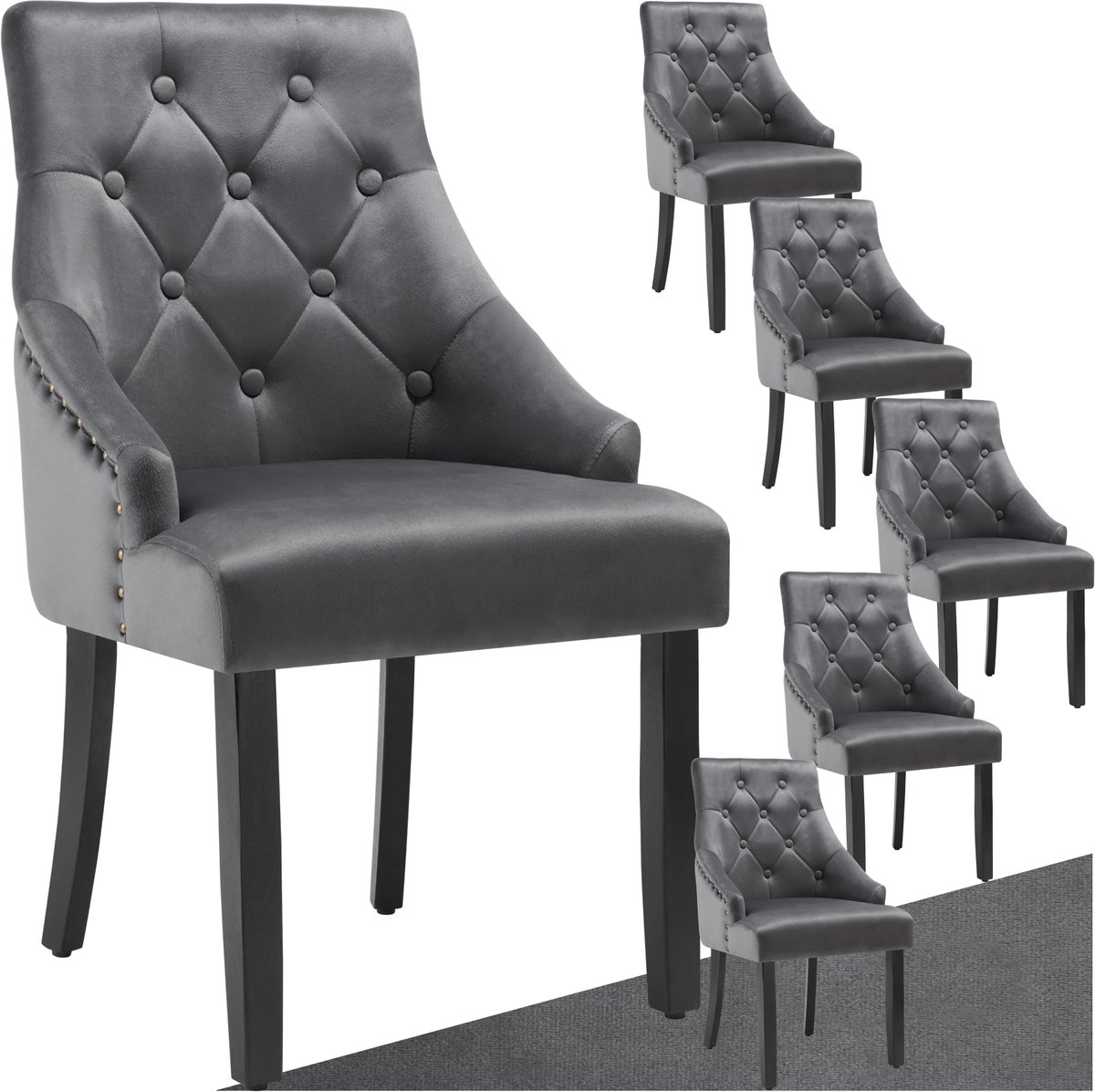 tectake® - Set van 6 eetkamerstoelen Everdeen - Fluweellook, gestikt - Met armleuningen - Massieve houten poten - Stoel voor de woonkamer, eetkamer, keuken - Grote rugleuning - Donkergrijs / zwart