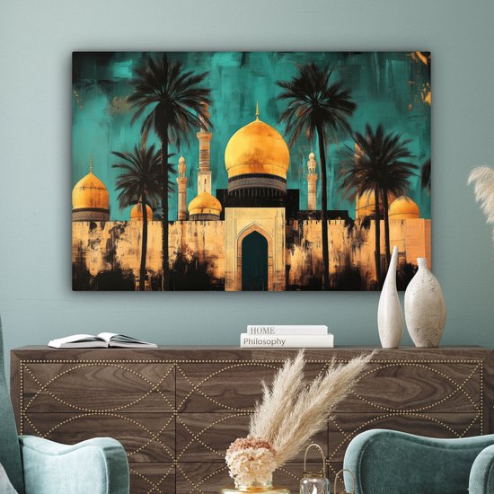 Peinture sur toile 120x80 cm - Décoration murale Mosquée - Or - Arabe - Islamique - Décoration murale salon - Décoration chambre - Accessoires chambre - Peintures sur toile