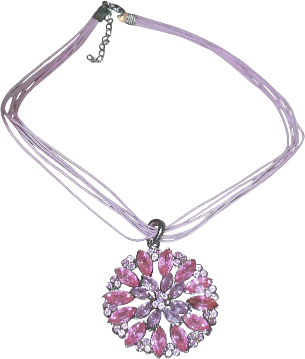 Ketting met ronde hanger bloem blaadjes strass stenen roze