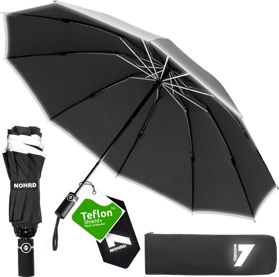 Nohrd Stormparaplu – Zwart – Paraplu Opvouwbaar – Stormbestendig 108 km/h – Stormparaplu’s – Automatisch In- en Uitklapbaar – Reflecterend – Paraplu’s – Incl. Beschermhoes