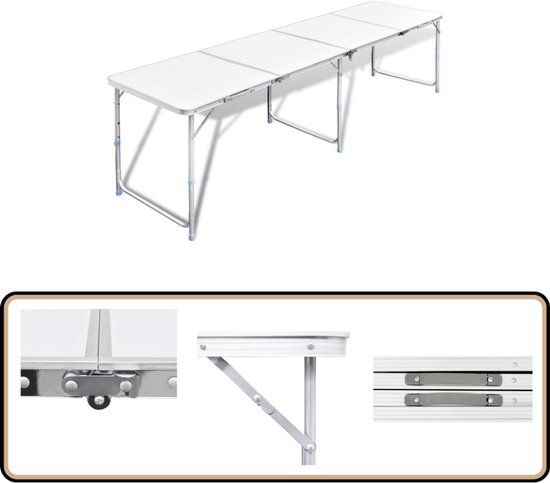 Table Pliante De Camping VidaXL – Aluminium Et MDF, Hauteur Ajustable (55/62/70 Cm), 240x60 Cm, Charge 30-50 Kg