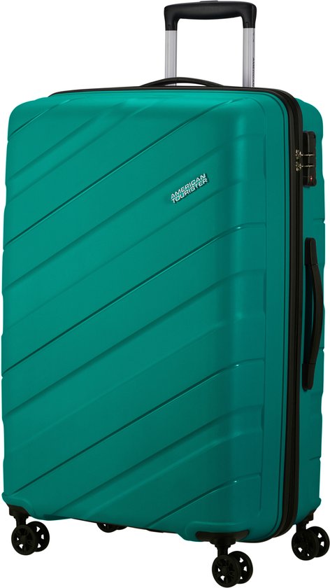 Turquoise koffer met schuine lijnen, zwarte handgrepen en wielen. American Tourister logo.