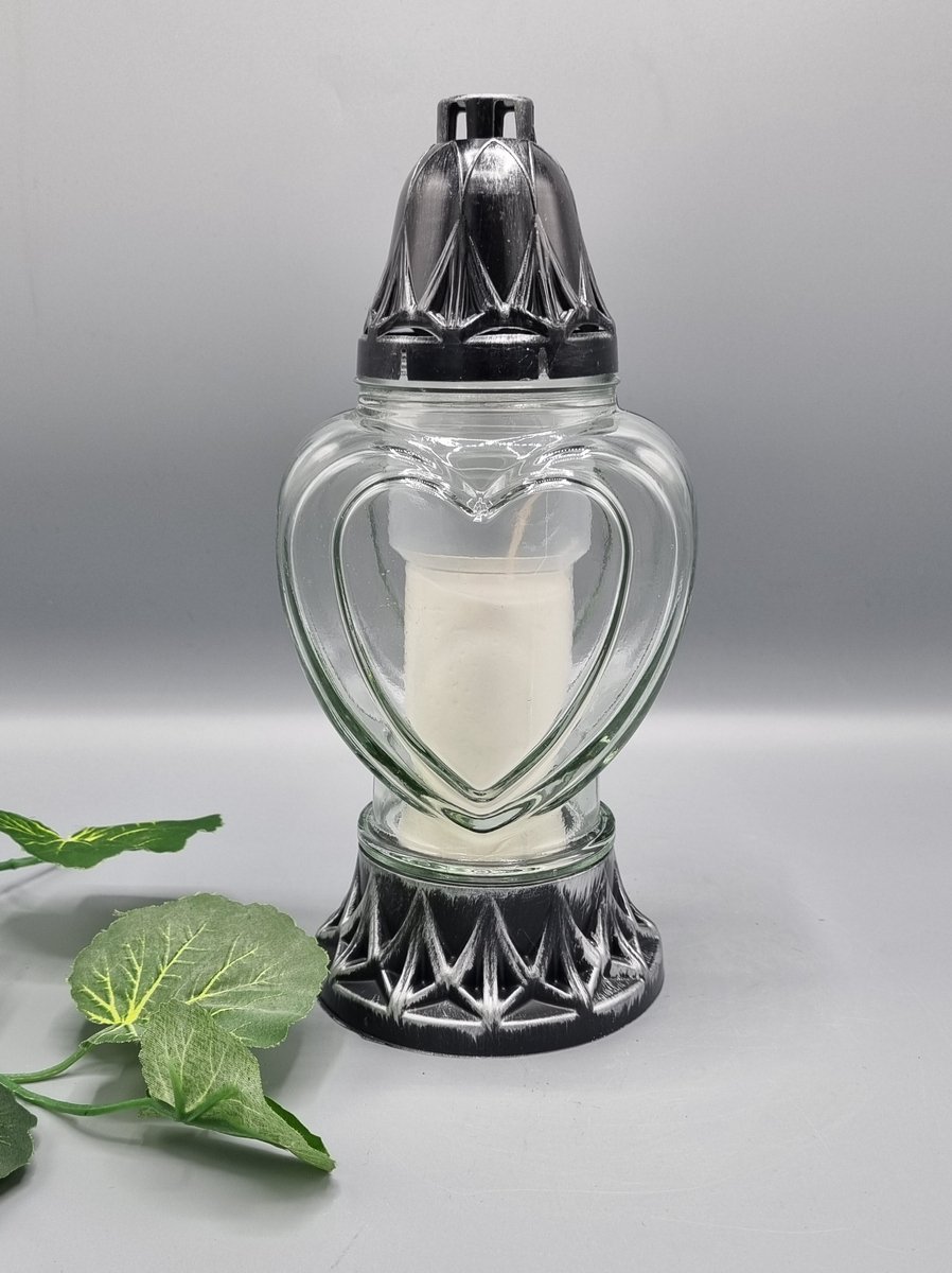 Herdenkingslicht - P39 - Zilver - Hart - Transparant glas - Grafkaars - Graflicht - Windlicht