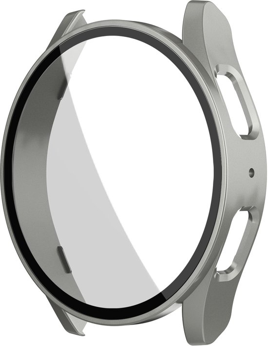 Zilverkleurige, metalen watch case met een helder glazen scherm.