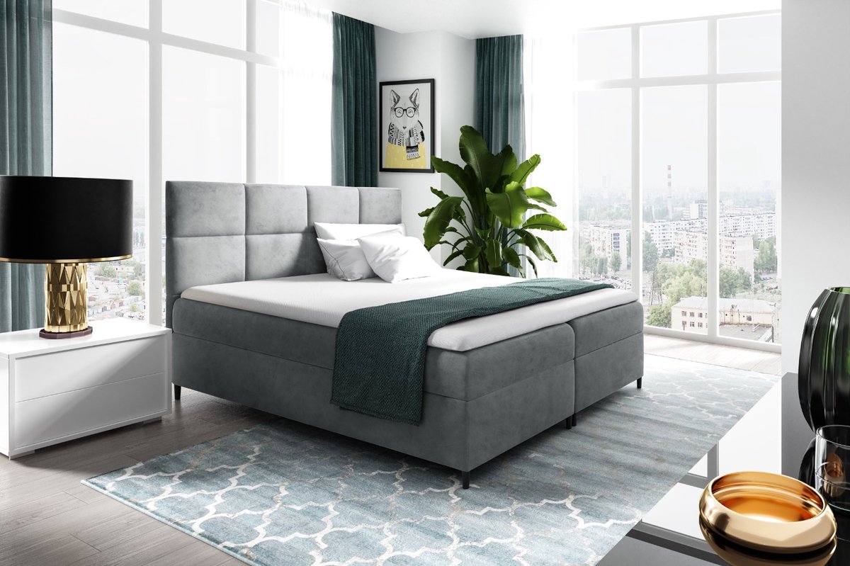 Boxspring Leya- 180x200- grijs velvet stof- met vaste matras en opbergruimte- complete boxspring met topper 4cm