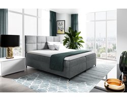 Boxspring Leya- 180x200- grijs velvet stof- met vaste matras en opbergruimte- complete boxspring met topper 4cm