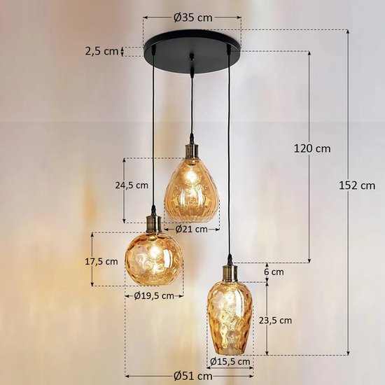 Design hanglamp Verona met amber glas, 3-lichts