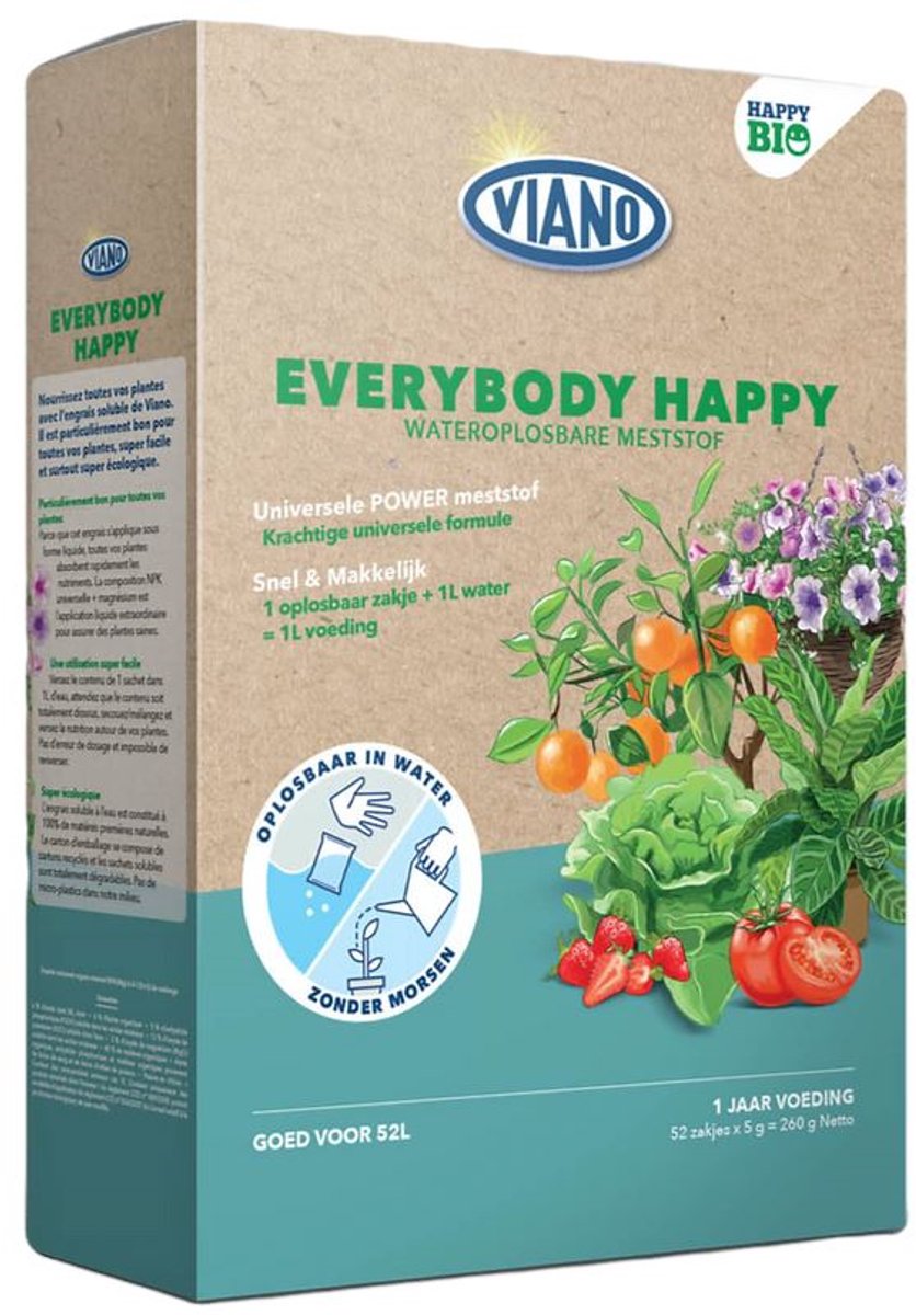 Viano wateroplosbare bio meststof voor universeel gebruik 'Everybody happy' 52x5gr