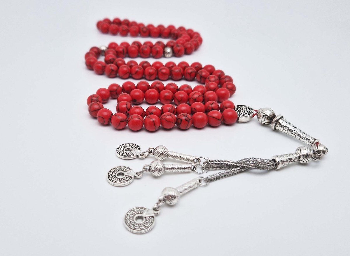 Handgemaakte tesbih "Tasbih" natuursteen "Rode howliet" - Aantal kralen 99 - Diameter kralen 8MM - met metaal tassel "Cirkels" - Een mooi cadeau-idee