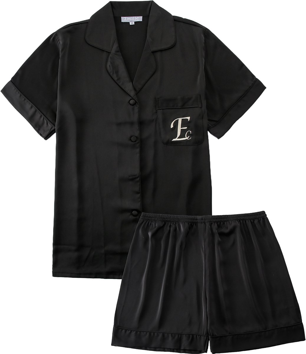 Emilie collection - pyjamaset - zwart - satijn - dames shortama - pyjama kort - maat medium