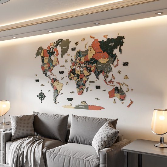 Décoration murale - Wereldkaart - Wereldkaart d'affichage - Décoration murale Wereldkaart - Wereldkaart en bois - Décoration murale - Cadeau - Cadeau d'anniversaire - Cadeau de pendaison de crémaillère - Mix de Sage - Medium - 120x75 cm