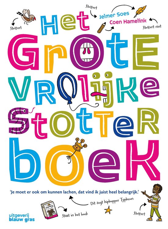 Boekomslag "Het grote vrolijke stotterboek" met vrolijke letters en illustraties.