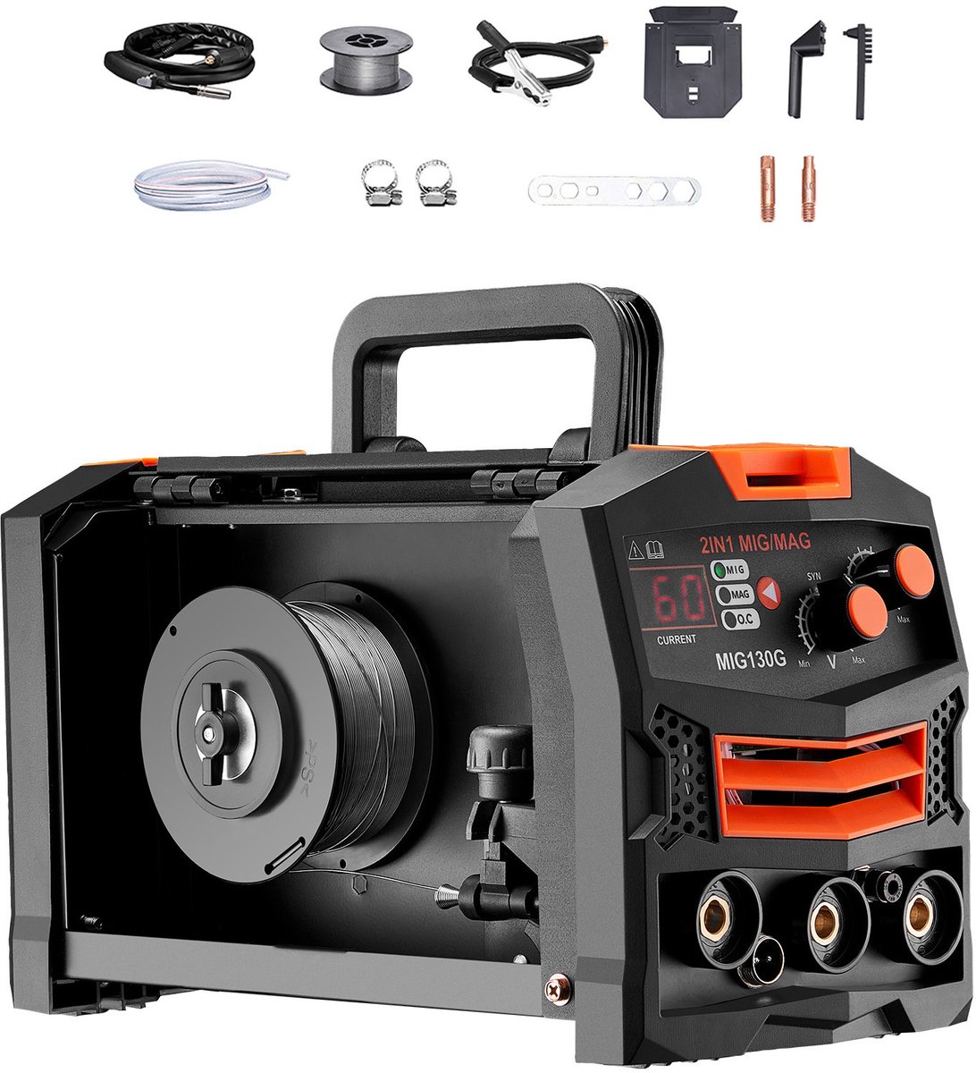 MIG lasser, 130 amp synergisch MIG lasapparaat, 2-in-1 gas/gasloze gevulde draad multiproces lasser, draagbare IGBT inverter MIG lasser – foto 6