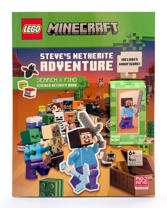 Livre d'activités autocollantes LEGO Minecraft 'L'aventure de Netherite de Steve', avec Steve, Alex et des personnages Minecraft.