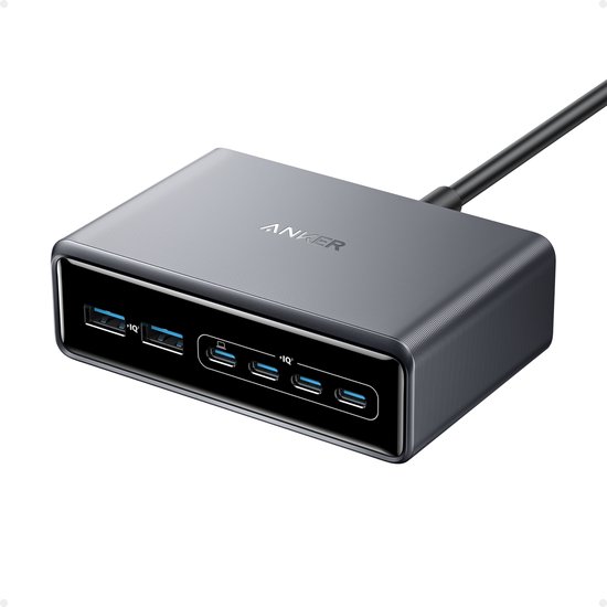 Anker Prime Lader (200W, 6 Poorten, GaN) - 4x USB-C & 2x USB-A - Dynamic Power Distribution - Smart Display - Snelladen tot 100W - ActiveShield 2.0 - Compact & Krachtig
