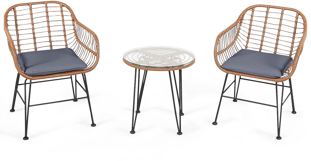 COSTWAY 3-delige bistroset 2 rotanstoelen & gehard glas bijzettafel & zitkussens, rotan balkonset zitgarnituur, tuinmeubilair tuinmeubelen zitgroep