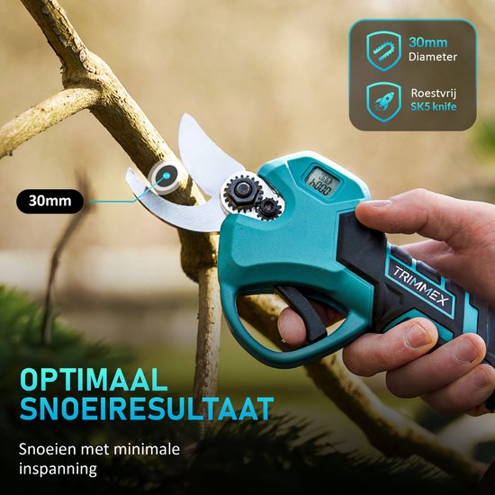 Elektrische snoeischaar met 30mm snijdiameter en roestvrij SK5 mes.