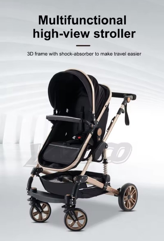 Luxe Multifunctionele 3-in-1 Combi Kinderwagen - Kwalitatieve Buggy - Autostoel - Opklapbare Wandelwagen - Inclusief mamatas- Zwartgoud van LUXE. — afbeelding 5