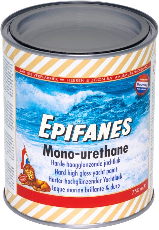 Blik met Epifanes Mono-urethane harde hoogglanzende jachtlak. Opdruk met golven en een leeuw.