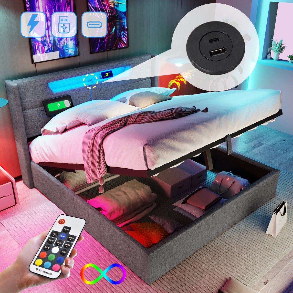 Gestoffeerd bed, tweepersoonsbed met opbergruimte, gestoffeerd bed met LED-verlichting, USB-oplaadfunctie en opbergbedframe, linnen, zonder matras, grijs, 140 x 200 cm