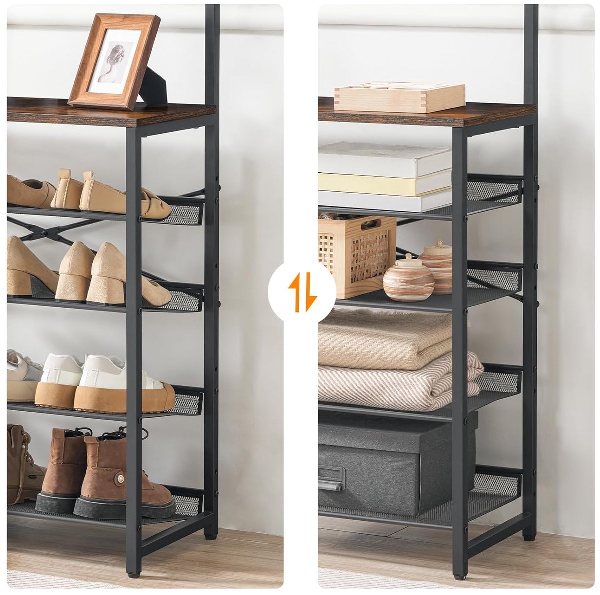 TRANKIELO® - Multifunctioneel Kledingrek met Schoenenrek – 5 Niveaus – Verstelbaar Metalen Rooster – Vintage Bruin – foto 7
