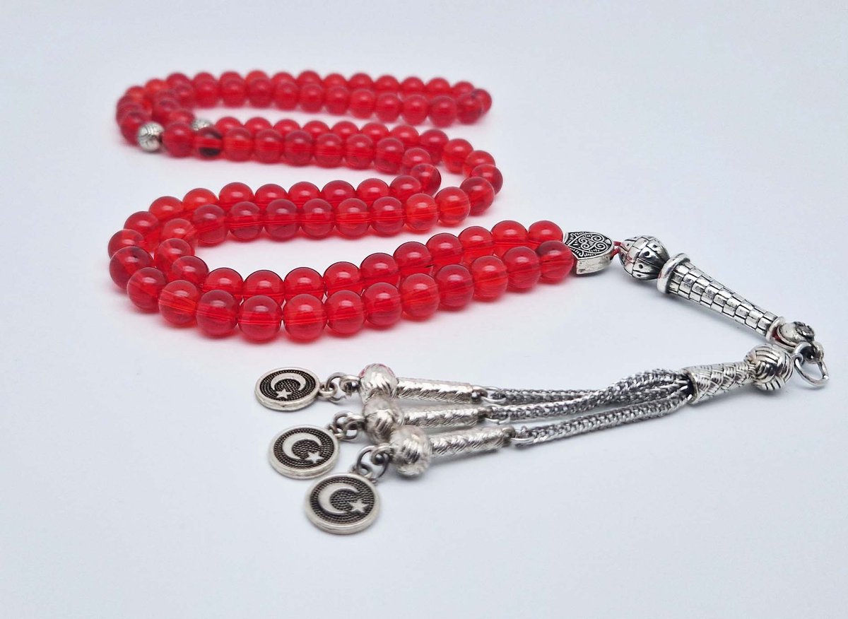 Handgemaakte tesbih "Tasbih" natuursteen "Rode kwarts" - Aantal kralen 99 - Diameter kralen 8MM - met metaal tassel "Vlag van Turkije" - Een mooi cadeau-idee