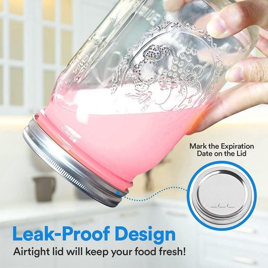 LATERN Set van 6 glazen weckpotten met brede mond, 960 ml, lekvrij, weckpotten met luchtdicht deksel en band voor het bewaren van jam, honing