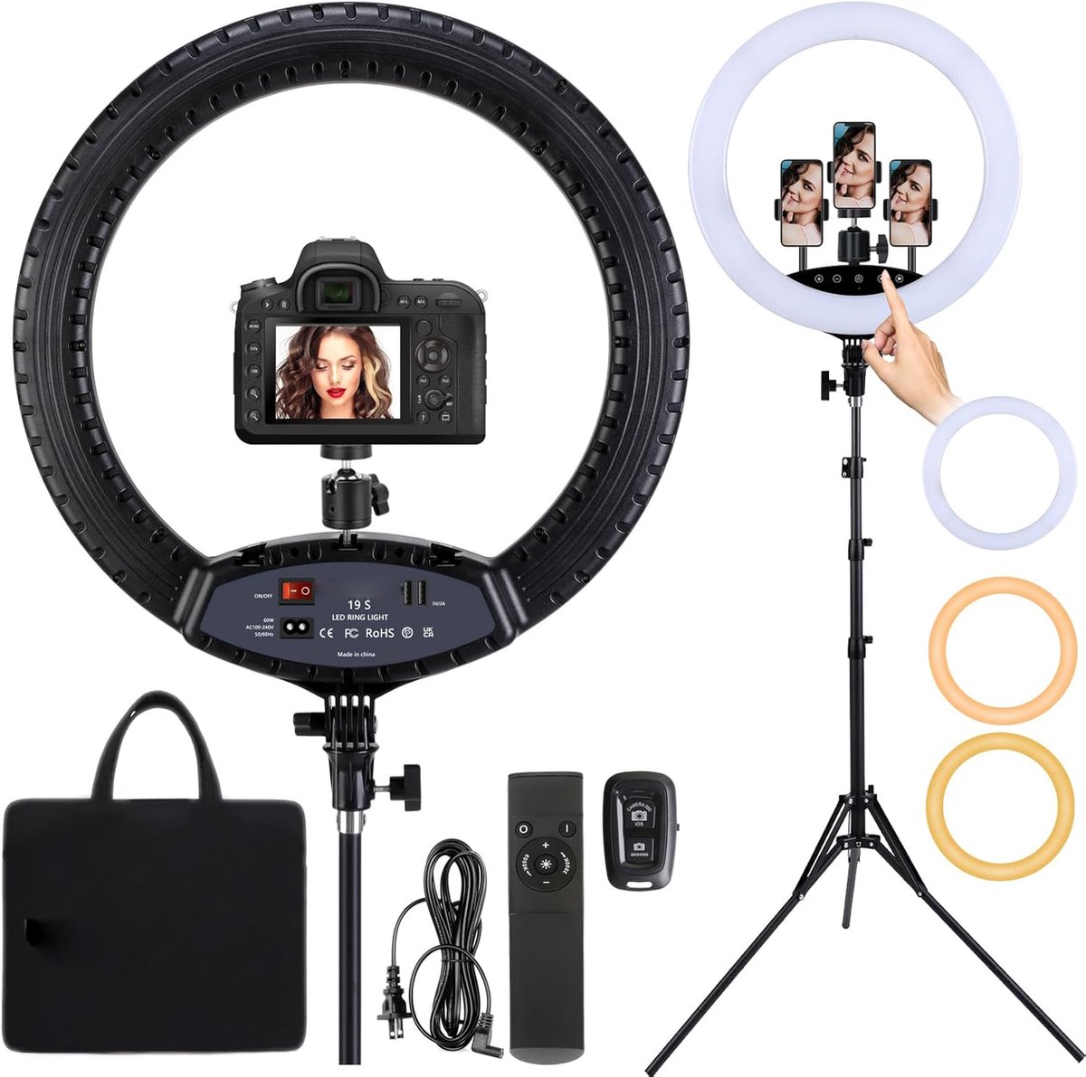 19 Inch LED Ring Light met Tripod Statief - Ringlamp met Touch Paneel voor Make-up Studio, Portret Fotografie, YouTube Vlog en Video Opnames - CRI>97 - Inclusief Afstandsbediening