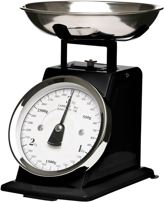 Balance de cuisine analogique noire avec un bol en acier inoxydable et un grand cadran jusqu'à 3kg.