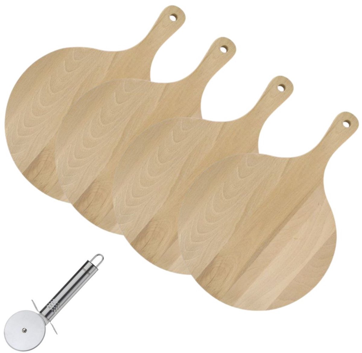 4 Houten pizzaplanken en tarte flambée planken 30 cm en RVS pizzaroller Fackelmann