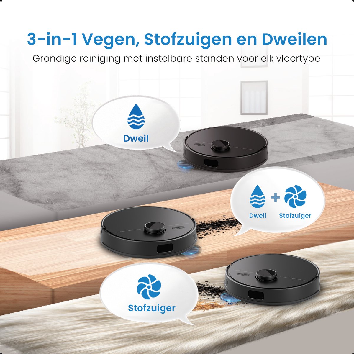 Afbeelding 2 van Avalue 3 in 1 Robotstofzuiger met Dweilfunctie - Automatisch Leegstation- Met Afstandsbediening en App - Zwart