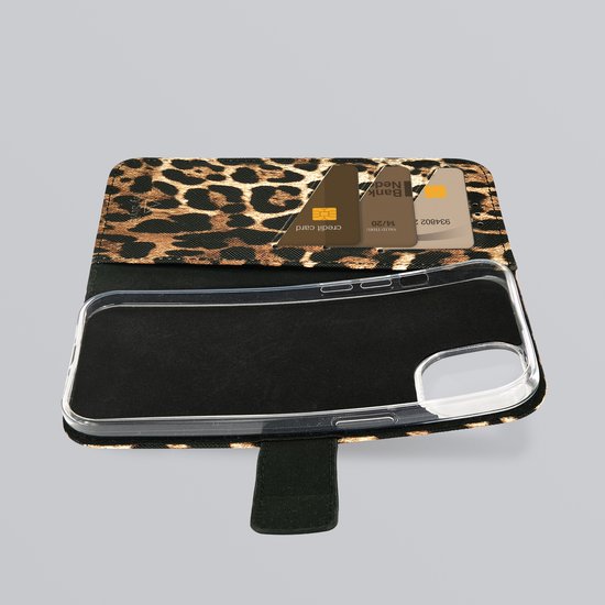 Coque de téléphone My Style adaptée à Apple iPhone 16 Plus | Portefeuille Bookcase My Style Flex Wallet | Porte-cartes pour 3 cartes | Étui pour carte de débit, carte de transport en commun, permis de conduire - Wild Leopard | Marron