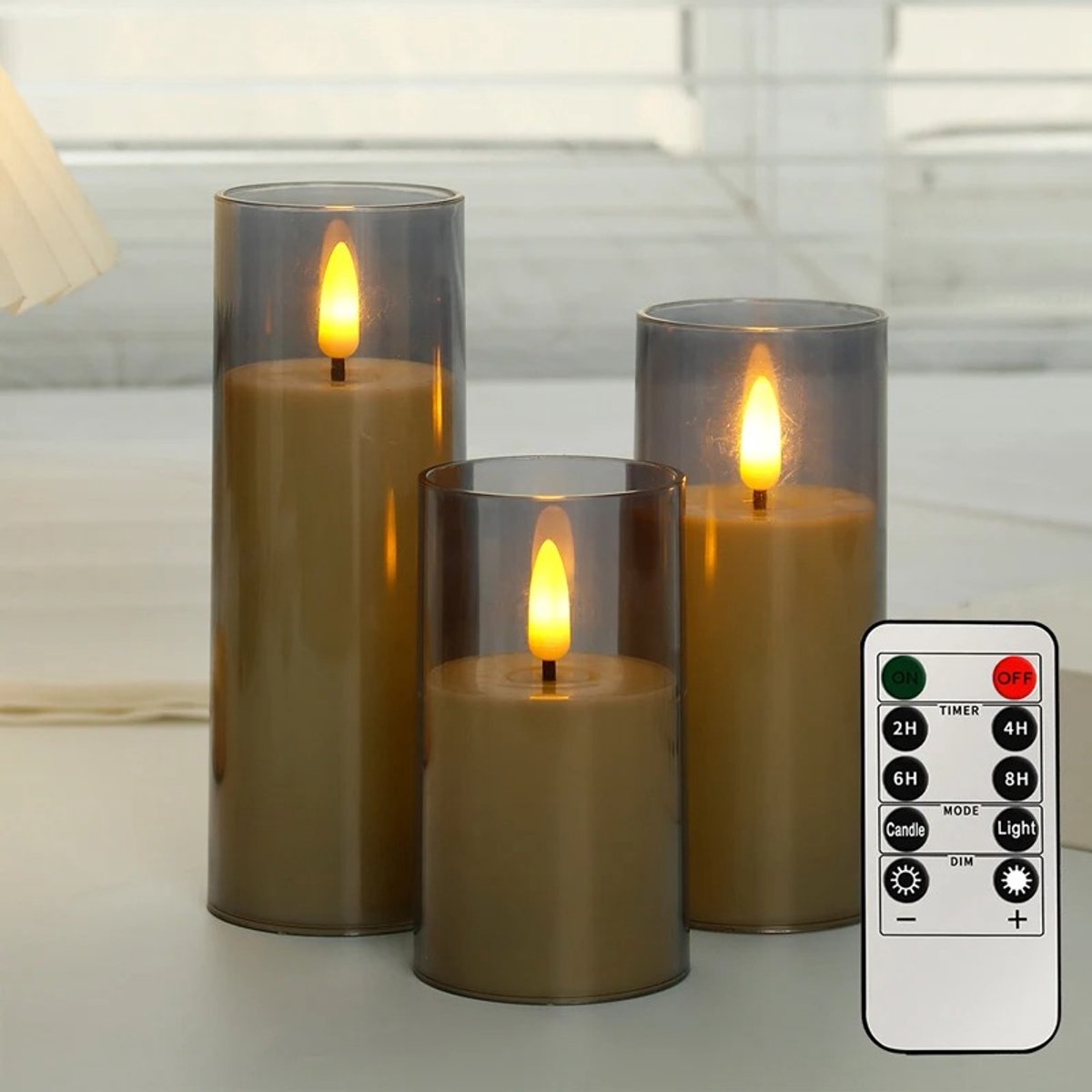 WiseGoods Premium LED Kaarsen Set - Bewegende Vlam - 3 Stuks - Afstandsbediening - Timer - Dimfunctie - Dinerkaarsen - Kaars Grijs