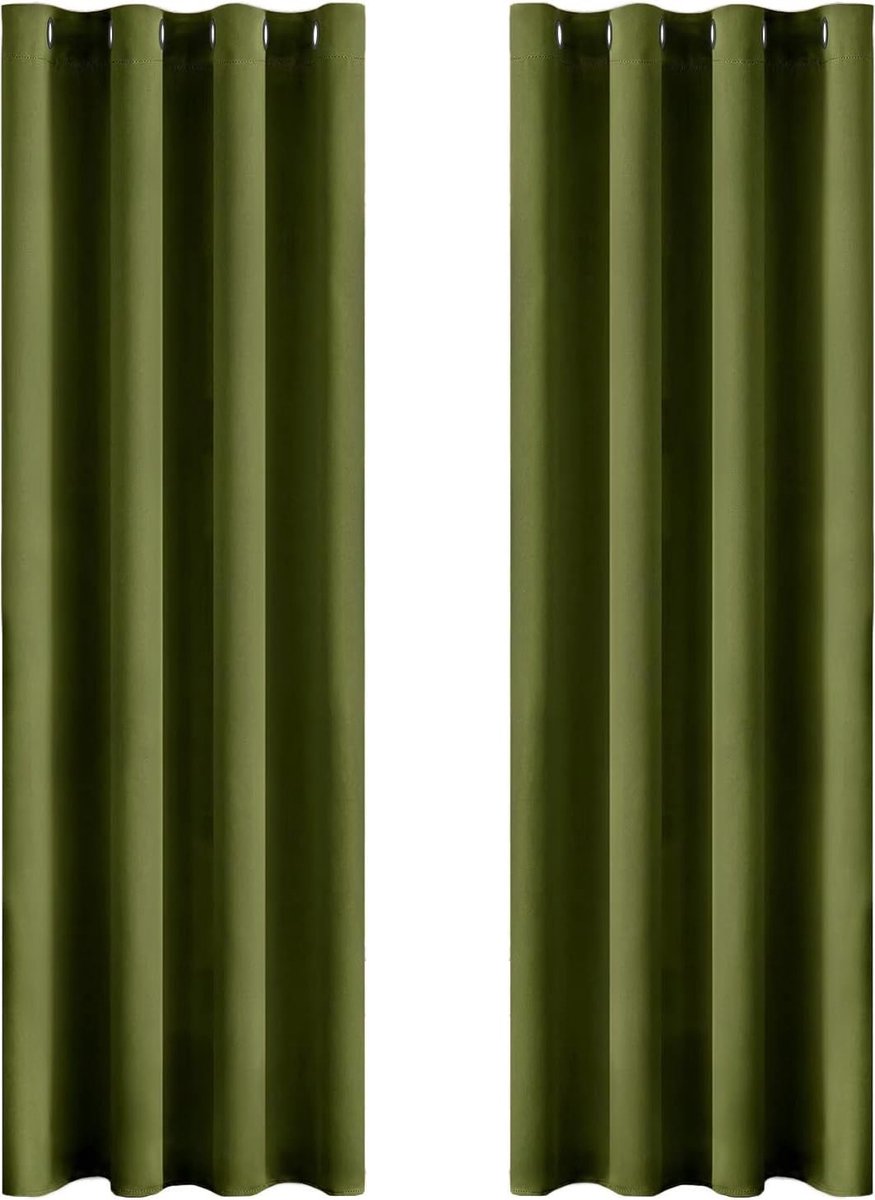 My Ninki ® Zachte Olijfgroene Verduisteringsgordijnen met Inslagringen voor Slaap- en Woonkamer, Set van Twee
