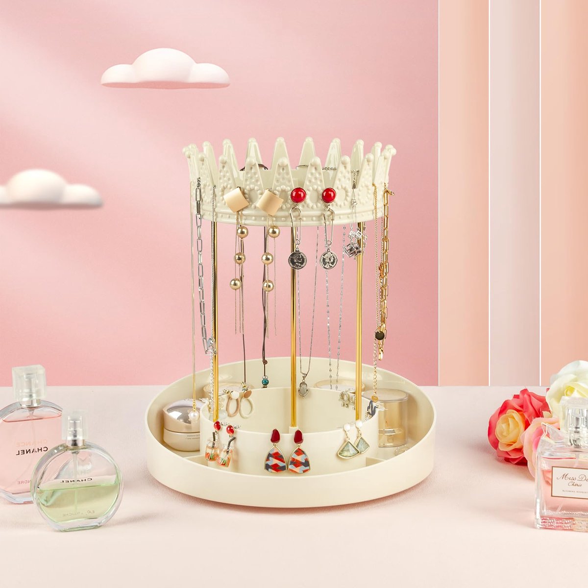 My Ninki ® Unieke 360° Draaibare Sieradenorganizer met Kronenvorm voor Kettingen en Armbanden, Stijlvolle Sieradentoren en Horlogehouder voor Vrouwen en Meisjes in Crème Wit