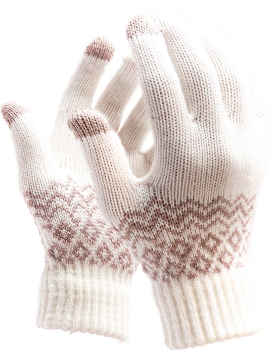 R2B Touchscreen Handschoenen Winter - Maat S/M - Gebreid & Noors Patroon - Handschoenen Dames - Handschoenen Heren - Wit